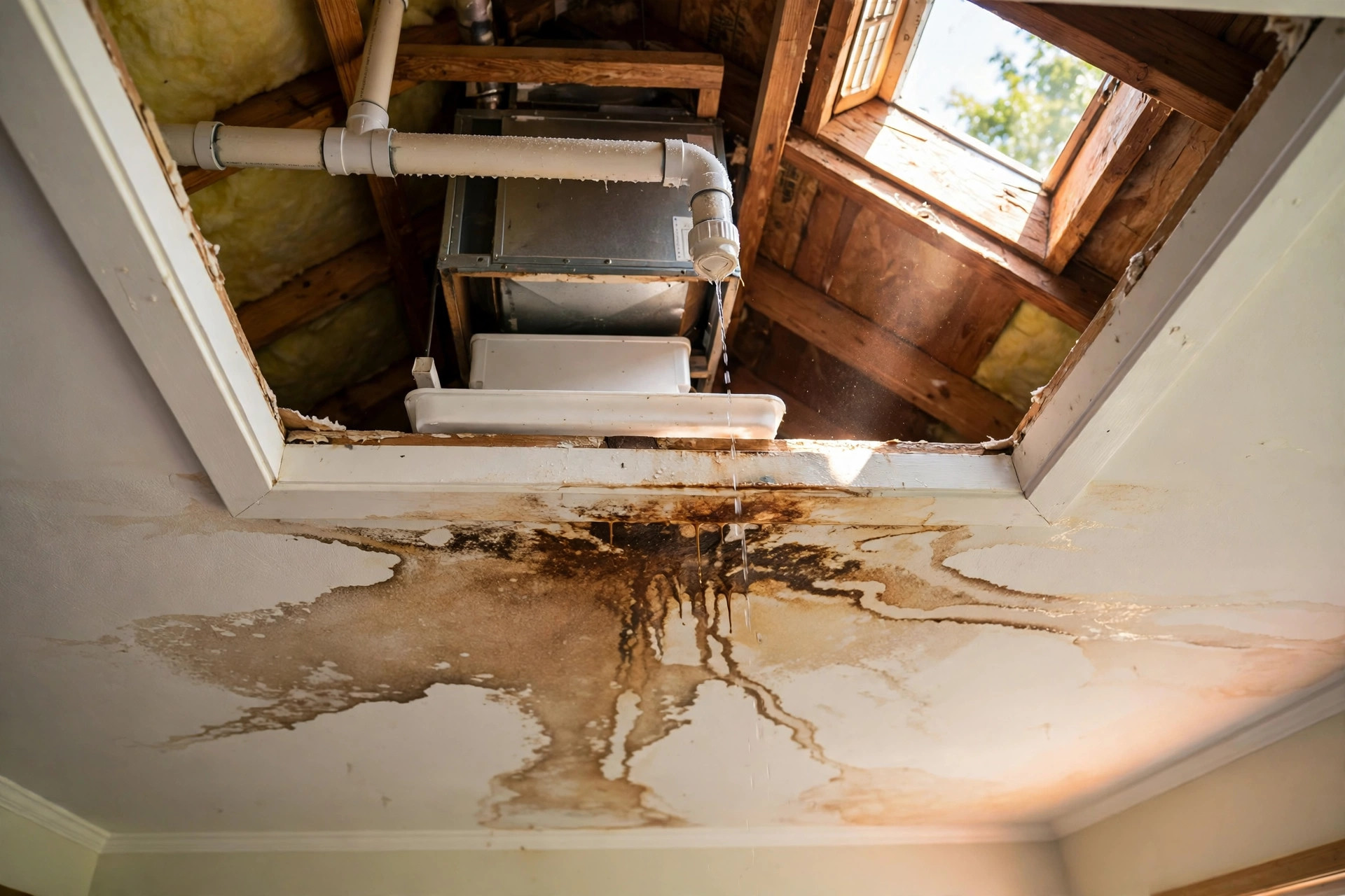 A summer ceiling stain under an attic air handler, with the AC condensate drain line above it — a clogged condensate line overflows through the ceiling, and the stain is the first symptom
