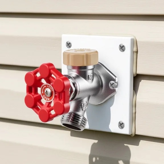 A frost-proof hose bib (sillcock) mounted on house siding — the valve seat sits a foot inside the wall, which is why a split from freezing hides until spring turn-on