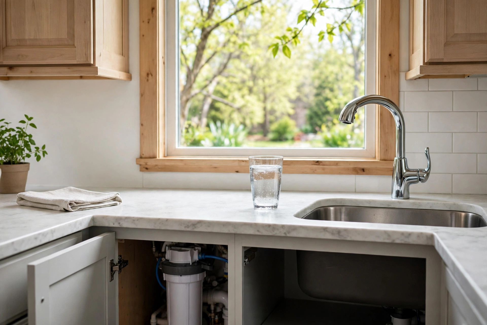 A glass of tap water beside the kitchen faucet in spring — the earthy taste that shows up for a few weeks at runoff is usually the lake and the season, not the house