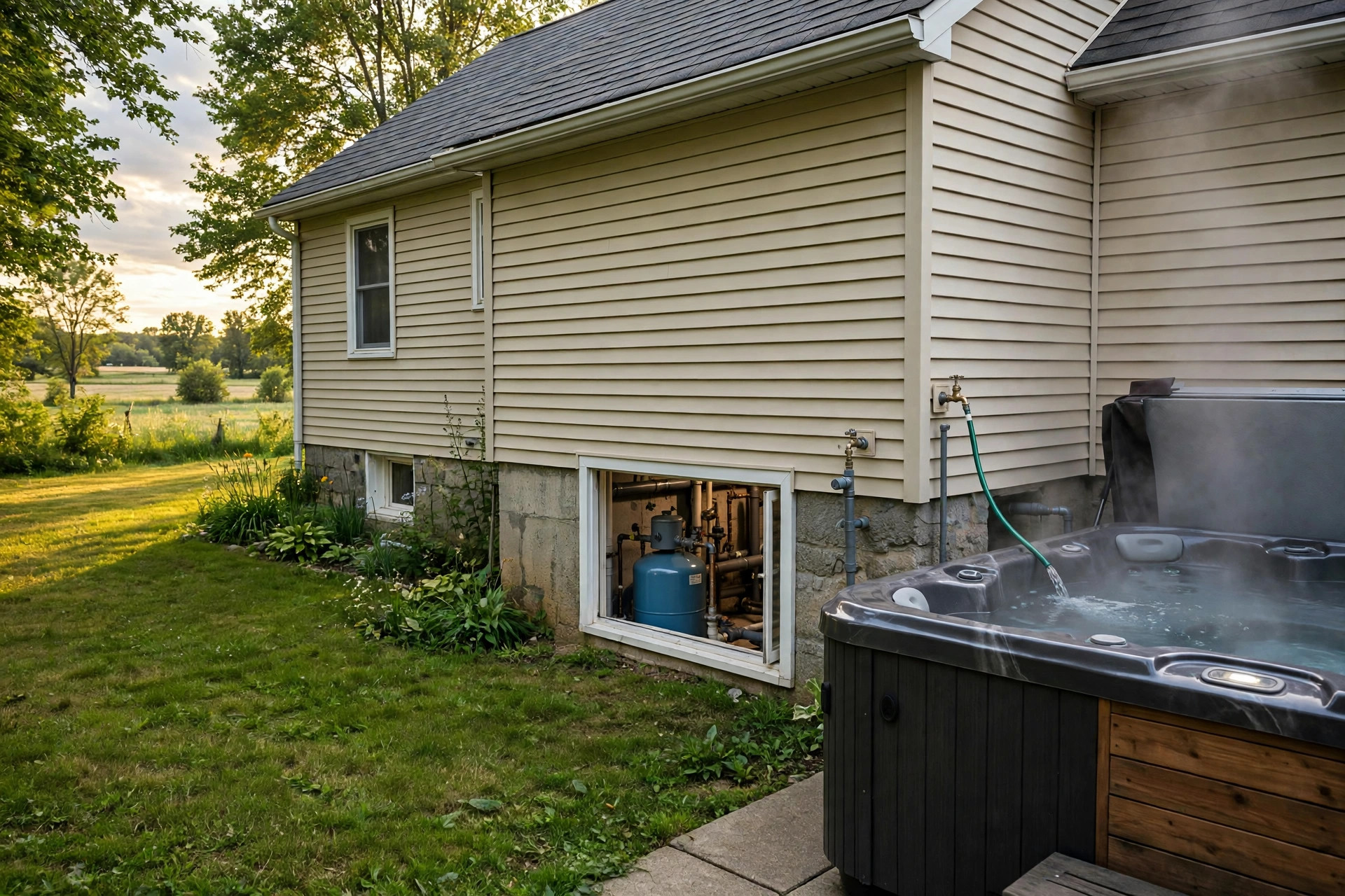 A garden hose filling a hot tub while the well pressure tank works below in the basement — a full fill runs the well pump for hours, which is why it gets done in stages