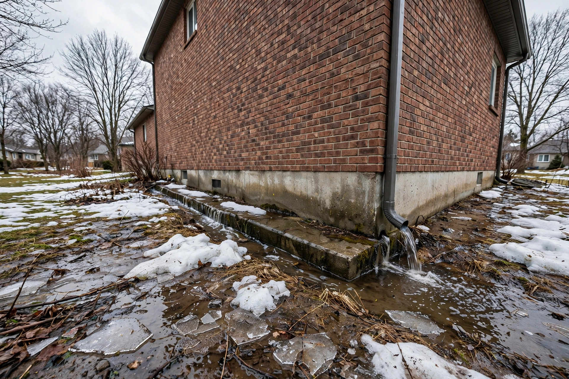 Spring melt water pooling against a house foundation — with the ground still frozen, thaw water runs sideways along the foundation wall instead of soaking in
