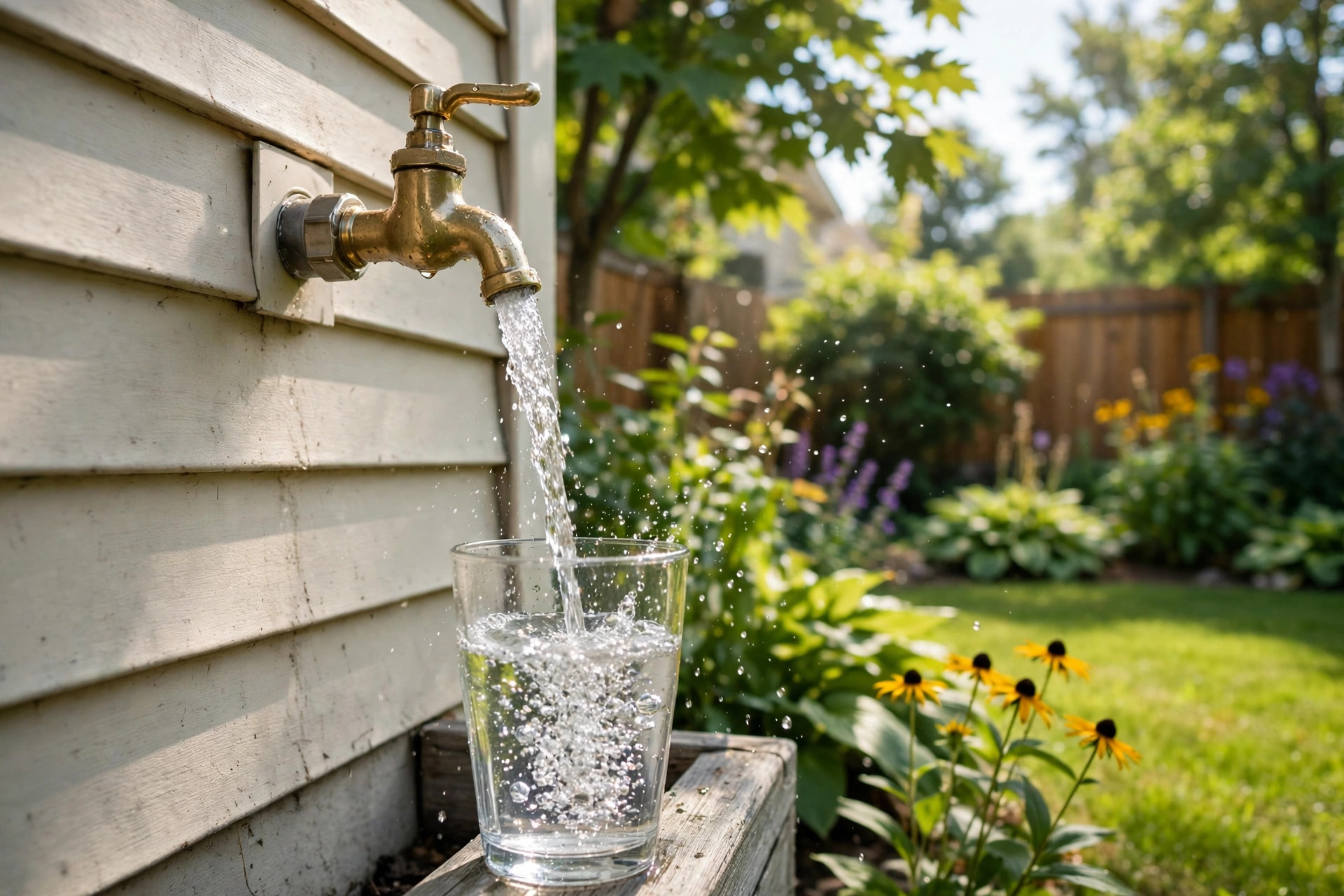 Filling a glass at the outdoor tap on a hot summer day — by July the 'cold' water has been warmed by the ground, the service line, and the pipes inside the house