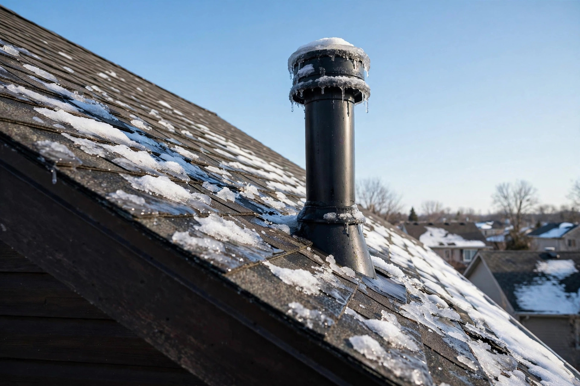 A plumbing vent stack poking through a shingled roof in early spring, its opening narrowed by frost — a choked vent is what makes drains gurgle and traps siphon dry