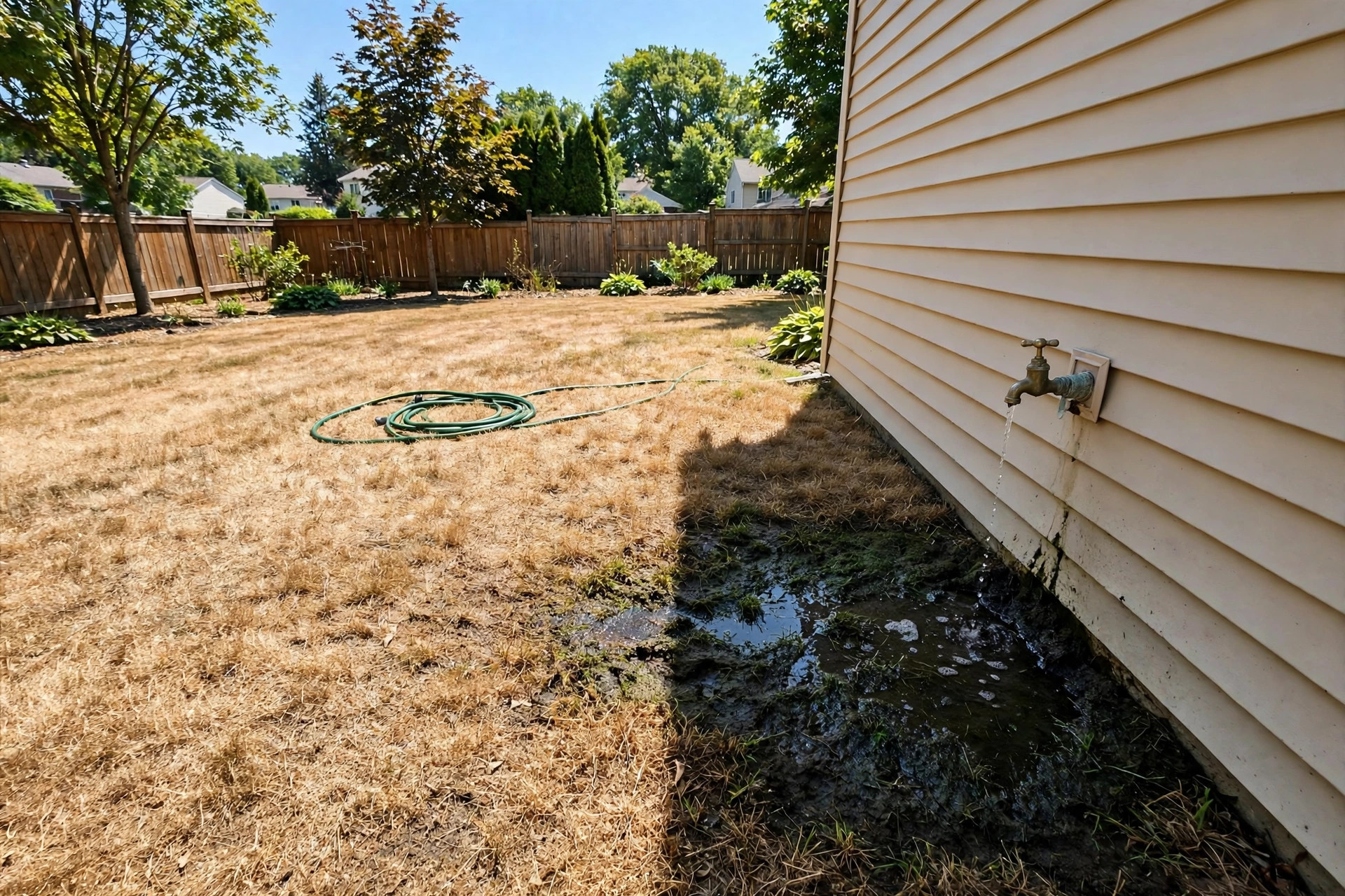 A dark wet patch on an otherwise dry summer lawn beside the house — a soggy spot that never dries is often a leaking underground line announcing itself